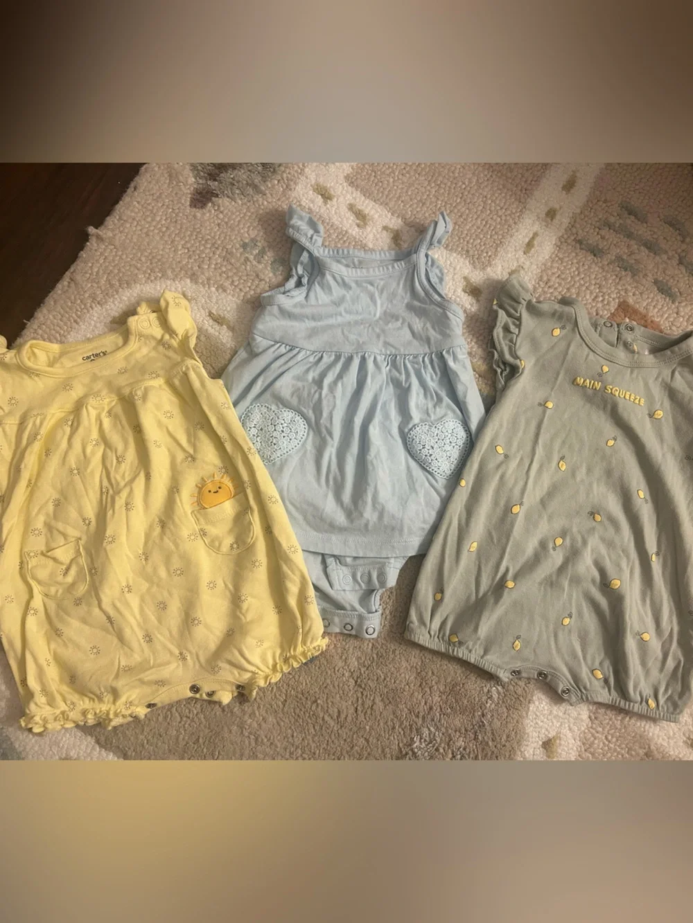 Carter's girls Yellow, Light Blue & Green Bodysuit Rompers - 3 Pack